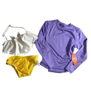 EUC girls white Pom Pom top yellow polka dot bikini and nwt rash guard 4/5